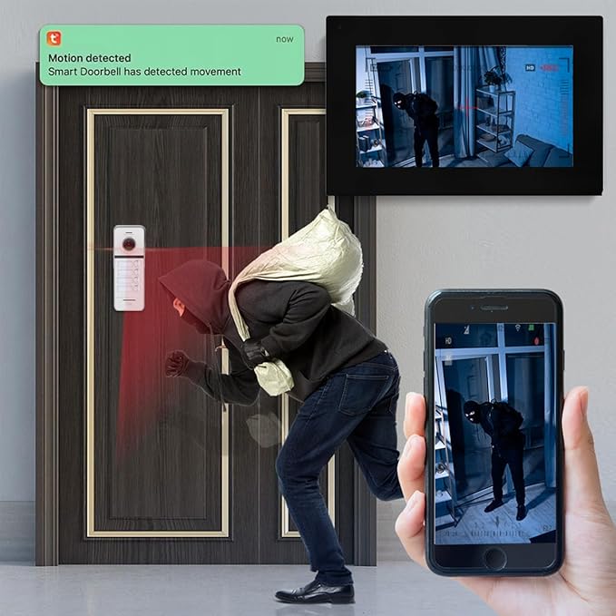 Wired Apartment Video Doorbell System 4 Units 7 Inch Touch Monitor Video Doorbell System,Wireless Video Door Phone Kit, Indoor Outdoor Support Monitoring,Unlocking,Dual Way Intercom for Home Vally