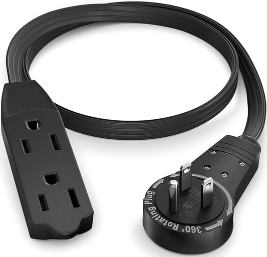 Maximm Cable 1 Ft 360° Rotating Flat Plug Extension Cord/Wire, 16 AWG Multi 3 Outlet Extension Wire, 3 Prong Grounded Wire - Black - UL Certified
