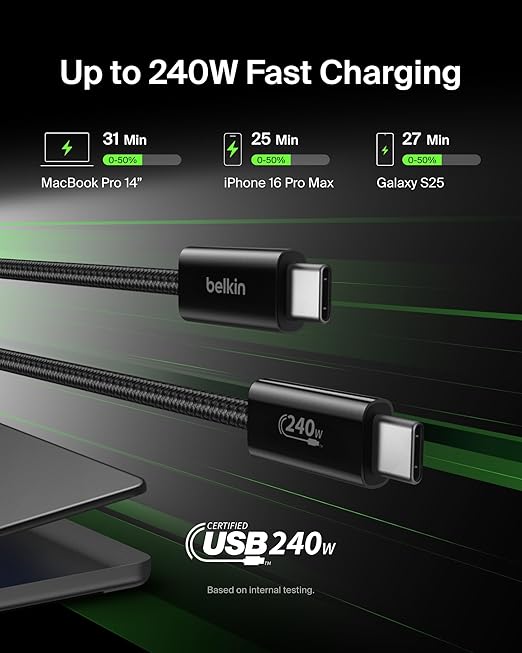 Belkin USB C to USB C Cable 2-Pack, 6.6ft, 240W - Type C Charger, iPhone Charger Cord, Soft, Braided, Flexible for iPhone 16, Galaxy S25, Pixel 9, MacBook, Chromebook, iPad Pro, Switch – Black