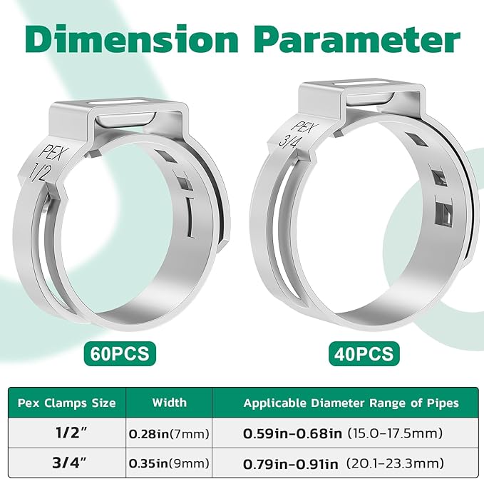 100PCS Pex Crimp Rings Assortment,304 Stainless Steel Pex Clamps 1/2",3/4" Single Ear Hose Clamps,Pex Cinch Clamps for Pex Fittings Pipe Tubing