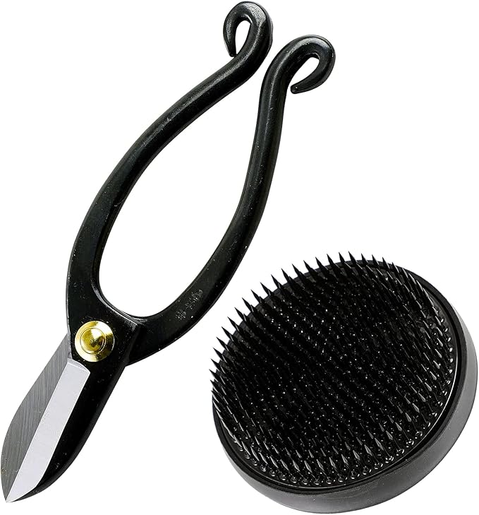 Wazakura Made in Japan Ikebana Tool Kit - Ikenobo Scissors + Black Kenzan Flower Holder, Japanese Floral Arrangement Set, Florist Shears and Pin Frog Gift Box Set - Black 3-1/4" (80mm)