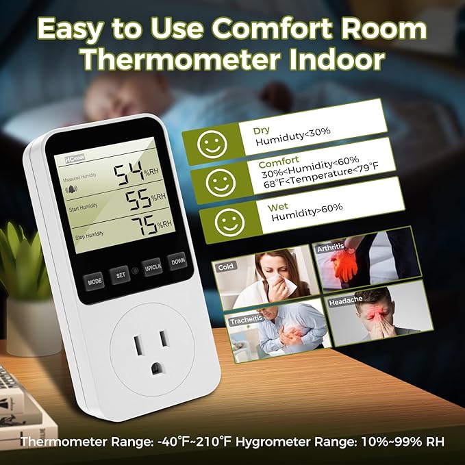 Diymore 1800W Plug in Digital Thermostat Temperature and Humidity Controller Electric Digital Thermostat Heating CoolingMode Timer 120V 15A 20~95% Dehumidifier Humidistat Controller