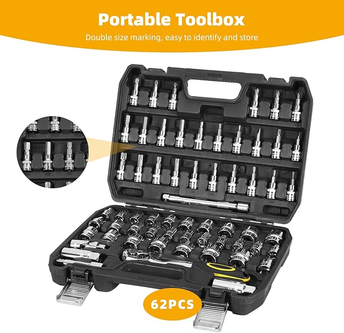 Socket Wrench Set, 62PCS 3/8" Ratcheting Wrench Set With 72 Tooth Count Ratchet, SAE & Metric From 5/16" - 7/8 ", 6mm - 23mm,Tool Set For Home Use and Automotive Repair