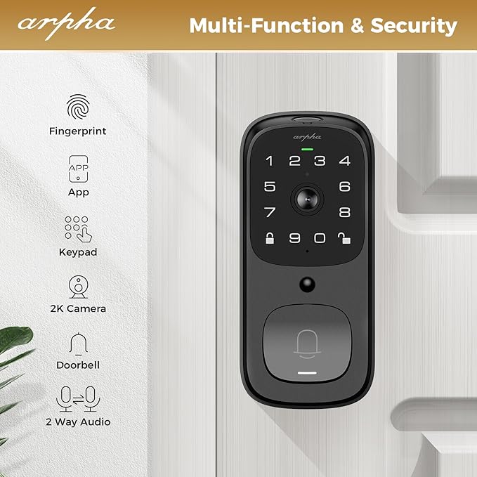 WiFi Smart Door Lock, 5-in-1 Fingerprint Keyless Entry Door Lock, Two-Way Audio, Dual Motion Sensors, App Remote Control, Keypad Code, IP65 Waterproof