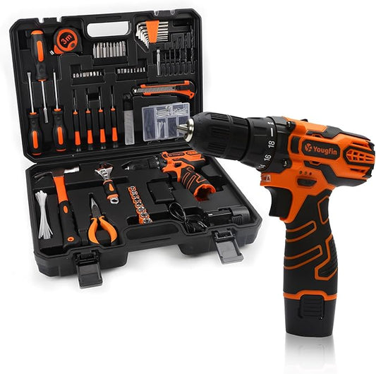 YOUGFIN Tool Kit with Drill 12V, Home Tool Set with Cordless Drill for Men, Power Drill Tool Box with 195 Pieces Household Hand Tools for Office (with 2.0Ah Battery & Charger)
