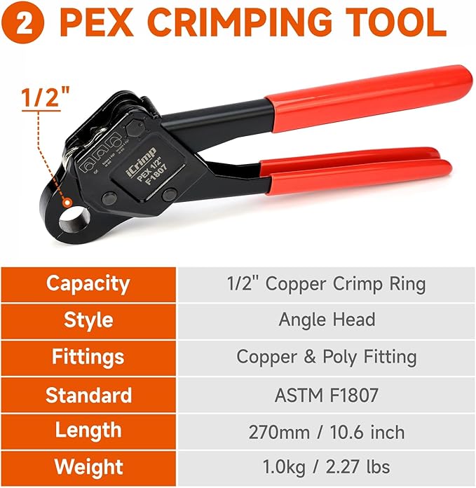 iCrimp IWS-1807CE PEX Crimping Tool Kit c/w Angle 1/2'' & 3/4'' PEX Crimpers and PEX Tubing Cutter for F1807 PEX Crimp Fittings and Copper Crimp Rings