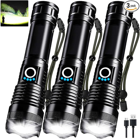 3 Pack Rechargeable LED Flashlights High Lumens, 90,000LM Super Bright Flashlight, Adjustable 5 Modes Powerful Flash Light with USB Cable, Waterproof Handheld Flashlight for Home Camping Emergencies