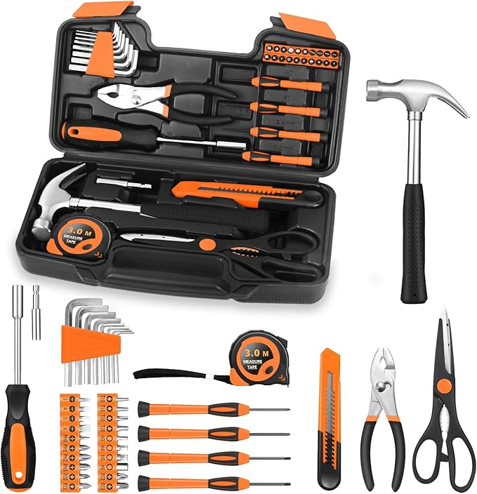 39 Piece Household Tool Set General Repair Small Hand Tool Kit Basic Home Tool Set in Toolbox Storage Case for Home Garage Office College Dormitory Use, Orange