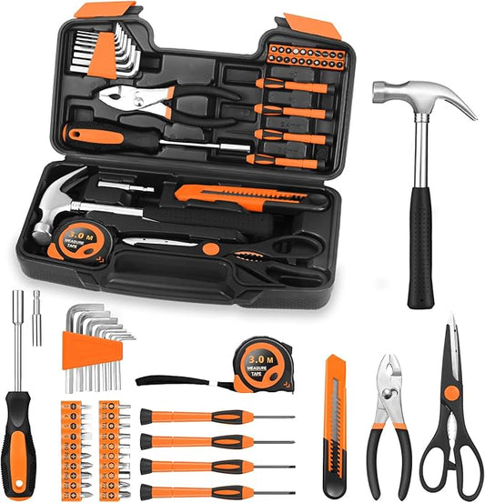 39 Piece Household Tool Set General Repair Small Hand Tool Kit Basic Home Tool Set in Toolbox Storage Case for Home Garage Office College Dormitory Use, Orange