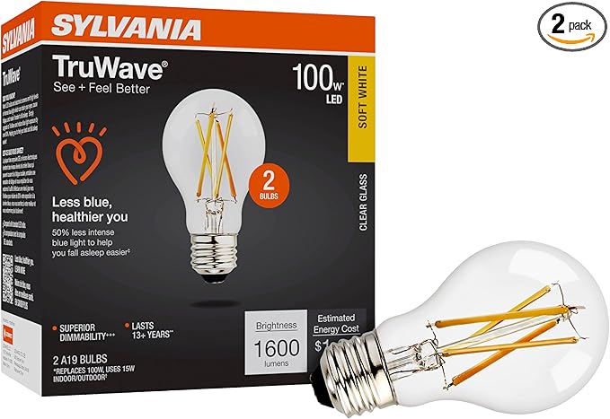 Sylvania LED TruWave Natural Series A19 Light Bulb, 100W Equivalent, Efficient 15W, 1600 Lumens, Medium Base, Dimmable, Clear, 2700K, Soft White - 2 Pack (42305)