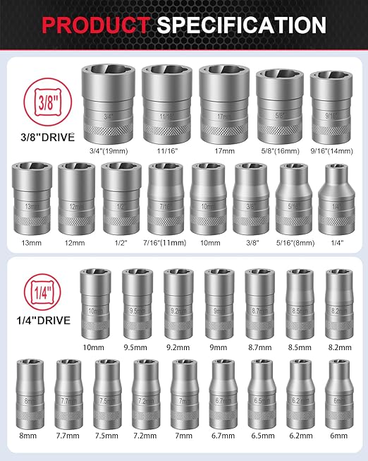 Kolvoii Bolt Extractor Kit, Nut Extractor Socket Set, Stripped & Rounded Bolt Remover with 1/4" & 3/8" Drive, 32PCS Lug Nut Removal Tool for Damaged, Frozen, Broken, Rusted and Rounded-Off, 35#CR-MO