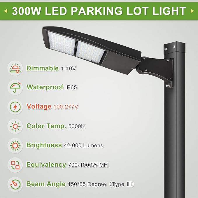 LED Shoebox Lights 300W, 5000K 42000LM 1-10V Dimmable, LED Street Area Lights with Surge Protector for Parking Lot, Football/Tennis Court UL DLC Approved 100-277V