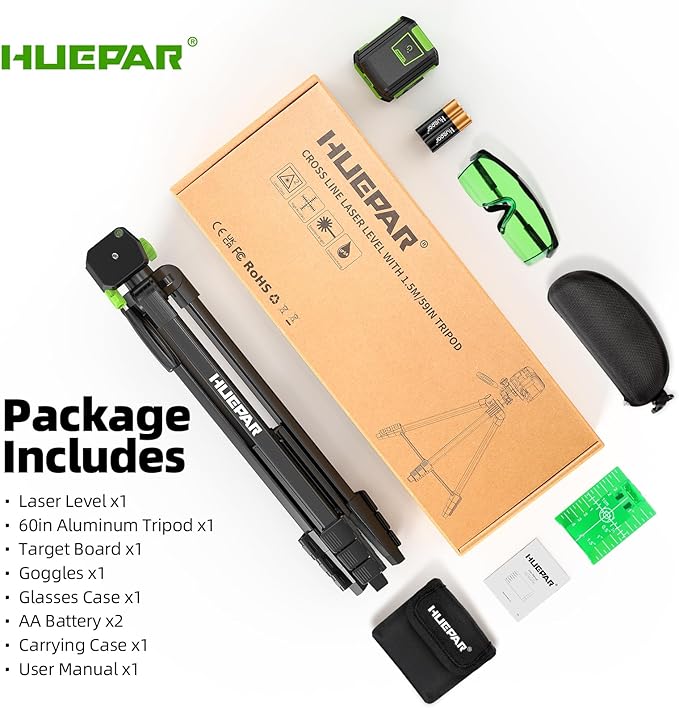 Laser Level with 60in Tripod, HUEPAR 98Ft Self Leveling Laser Level Green Line Laser Cross Line Laser Leveler Tool for Picture Hanging, Tile, Home Renovation, Indoor Project, Battery&Goggles Included
