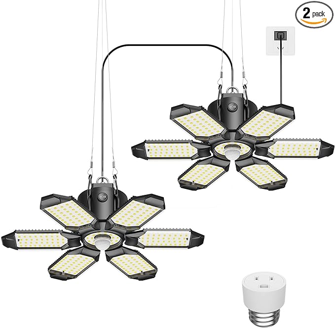 2-Pack Motion Sensor Garage Lights Plug in, 200W Super Bright Motion Activated Linkable LED Shop Light, 3 Modes Motion Sensor Light Indoor for Barn/Attic