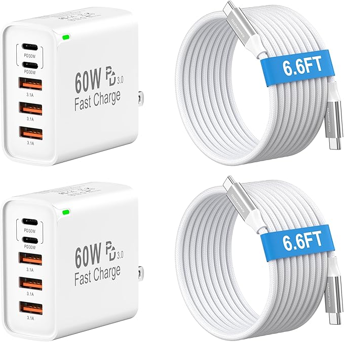 2Pack USB C Fast Charger Block, 60W 5-Port USB C Wall Charger with 6.6FT USBC to USBC Cord, 2USB C+3USB A PPS/PD 3.0 Multiport Charging Cube for iPhone 16 15 14 Pro Max,for Galaxy S25 S24 Ultra,i Pad