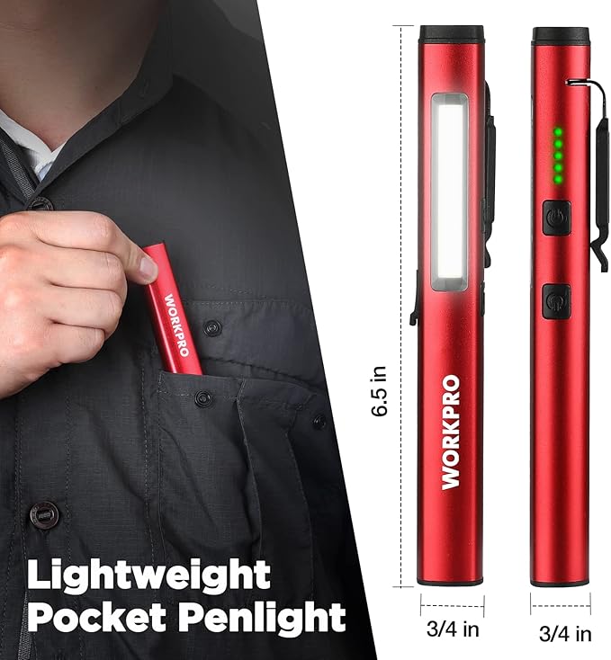 WORKPRO Rechargeable Pen Light, 450 Lumen LED Flashlight with 365 nm UV Black Light, Multifunctional Penlight for Mechanic Emergency Outdoor