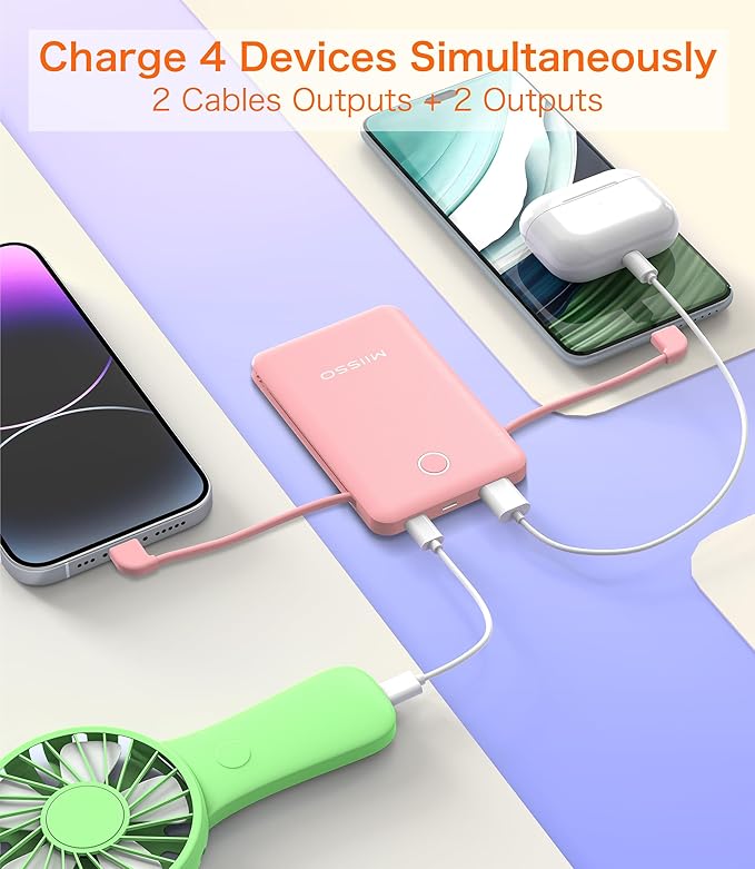 6000mah Ultra Slim Built in Cables Power Bank, Card Size Built in USB C Cords Battery Pack Portable Charger for Phones, 3 Output External Battery Pack Compatible with iPhone, Samsung, Light Pink