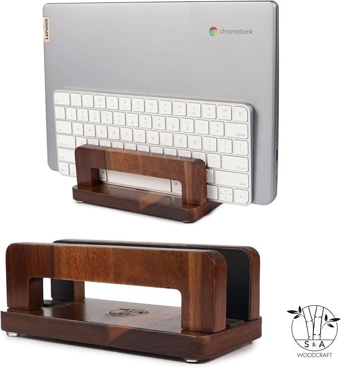 S&A WOODCRAFT Brown Acacia Wood Vertical Laptop Stand, Adjustable Wooden Laptop Holder, Non-Slip Laptop Dock Compatible with Apple MacBook, Microsoft Surface, Gaming Laptops, IPad, Tablets