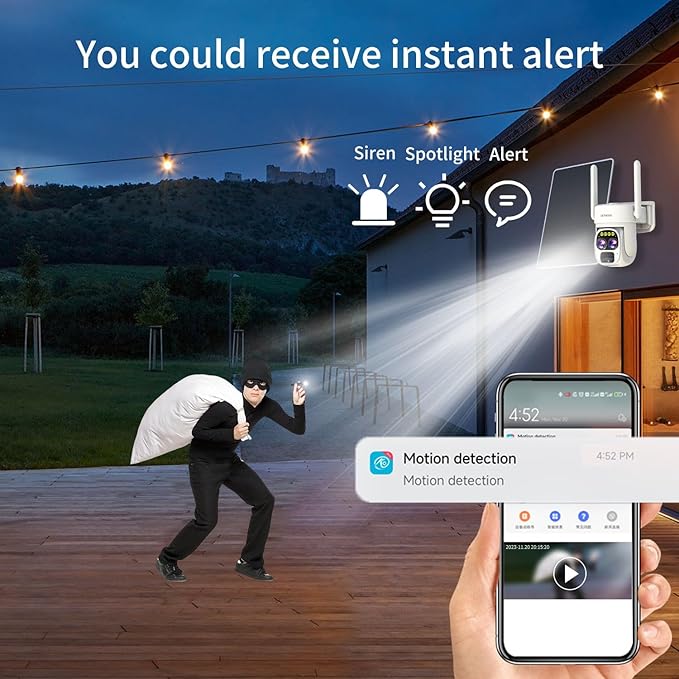 Security Cameras Wirelss Outdoor Solar Powered for Home Security, 360 View Outside Camera,Motion Detection,10x Hybrid Zoom PAN Tile,IP-65 Weather Proof (4 Pack)