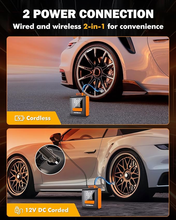 AUXBEAM H4 Portable Air Compressor, 150PSI 4000mAh Car Tire Inflator Pump, 12V 4 Preset Inflation Modes, Cordless Smart Air Pump With LCD Screen for Car, Motorcycle, Bike, Ball