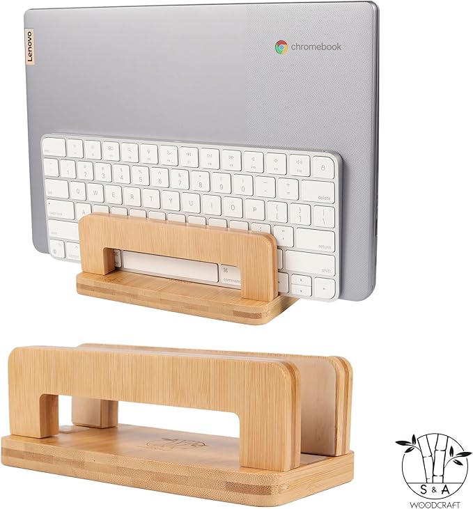 S&A WOODCRAFT Bamboo Wood Vertical Laptop Stand, Adjustable Wooden Laptop Holder, Non-Slip Laptop Dock Compatible with Apple MacBook, Microsoft Surface, Gaming Laptops, IPad, Tablets