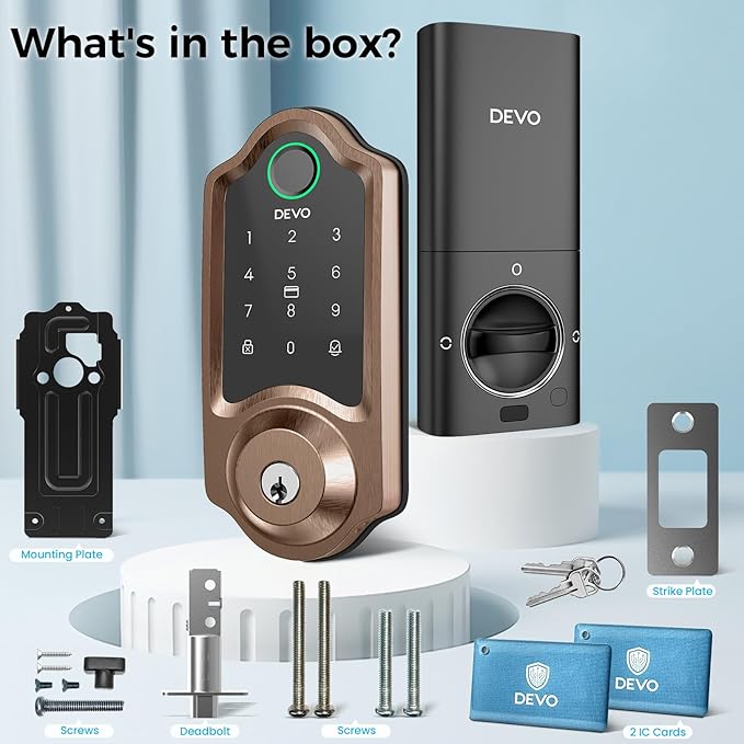 DEVO G8 Fingerprint Smart Lock, Keyless Entry Door Lock with Doorbell, Built-in Wi-Fi Deadbolt, Smart Door Lock for Front, APP Remote, Auto-Locks,Easy Install, IP54 Waterproof