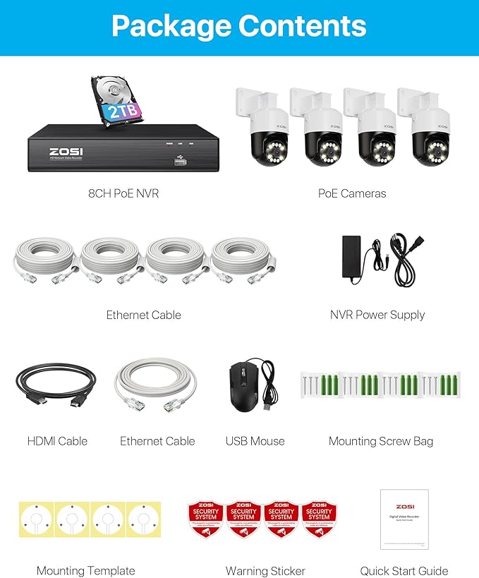 ZOSI 4K PoE Security Camera System with AI Face Person Vehicle Detection, 4 x 5MP 3K Outdoor Auto Tracking PT PoE Camera with 5X Digital Zoom, 2-Way Audio, 8CH 8MP NVR with 2TB HDD (16CH Expandable)