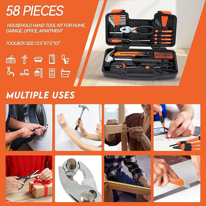 58 Piece Household Tool Set, General Household Hand Tool Kit with Plastic Toolbox Storage Case, All Purpose Household Tool Kit for Home, Garage, Office and College Dormitory Use, Orange