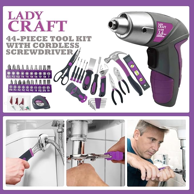 44PCS 4V Cordless Screwdriver Tool Kit Set Pink Color Tools Lady Tools Kit Home Repair Set Toolbox Hand Tool Kit Storage Case Gift Set LADYCRAFT