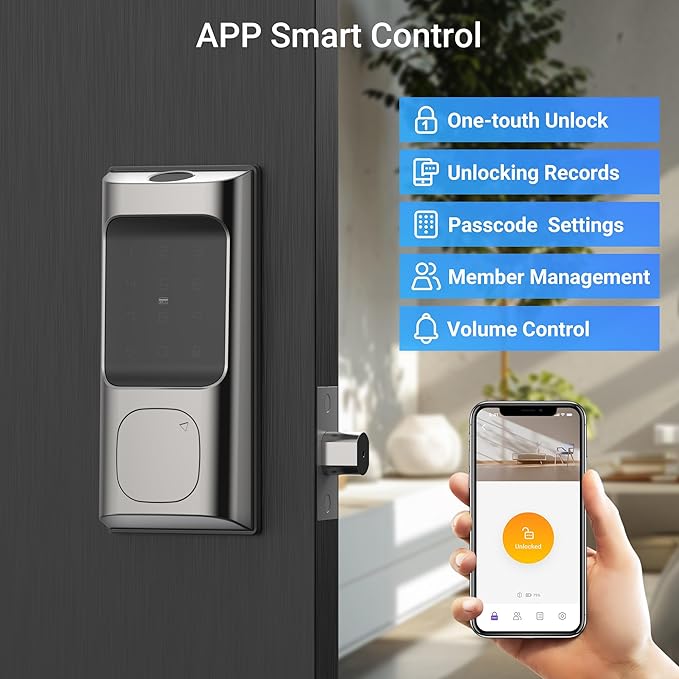 Saulex DB02 WiFi Smart Lock with Fingerprint (No Gateway Required),5-in-1 Keyless Entry Front Deadbolt, App Remote Control, Easy Installation,Auto-Lock.
