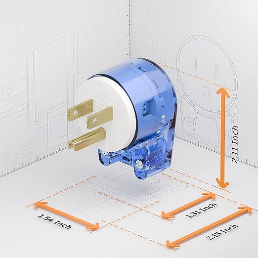 Transparent Blue ETL Verified Nema 5-15P 90 Degree Right Angle Plug - 3-Prong Household 15A 125V AC Plug