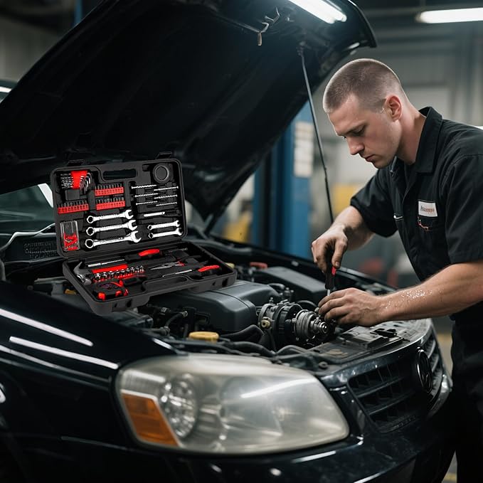 149-Piece General Hand Tool Kit - Essential Home Toolkits with Plastic Toolbox Storage Case for all Purpose, Complete Tool Set for Men, College Students, Dorm, DIY Enthusiast (Red)