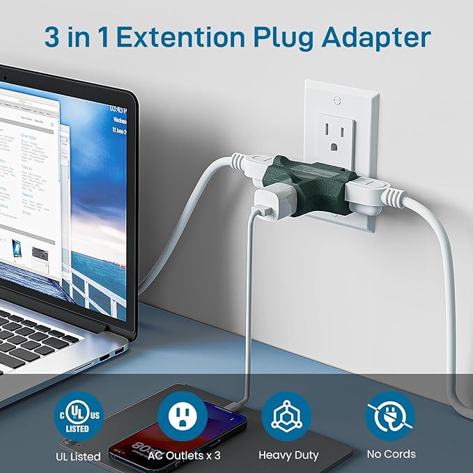 K KASONIC - 3-Outlet Grounding Adapter, [UL Listed] Plug Extender, Heavy-Duty Grounded Power Tap - 3 Pack (Green)