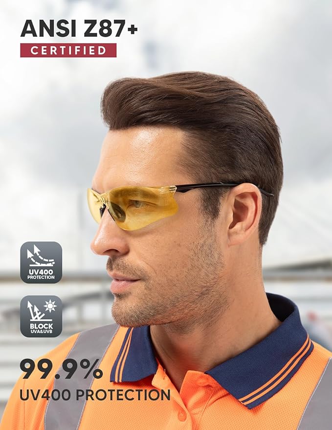 Safety Glasses 12 Pack Amber Tinted: ANSI Z87.1 Certified Anti-Scratch Polycarbonate Lens UV Protection for Construction & Cycling, Woodworking & Lab Lightweight Sofety Nose Pad Unisex