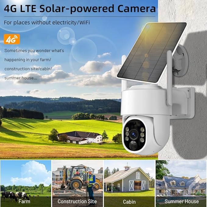 4G LTE Cellular Security Camera, Solar Camera Outdoor Wireless No WiFi Needed, Solar Powered Cam with SIM Card, 2K HD, 360° View PTZ, PIR Motion Detection, Siren Alarm, Color Night Vision, 2Way Talk