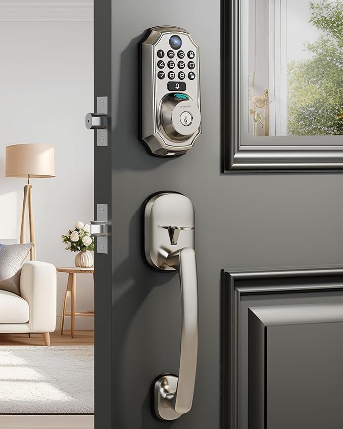 WiFi Smart Lock with Camera - Keyless Entry Deadbolt with Handle Set, 5-in-1 Camera+Doorbell+Fingerprint+Keypad, App Control, Auto Lock, Easy Install, Waterproof for Front Door, Satin Nickel