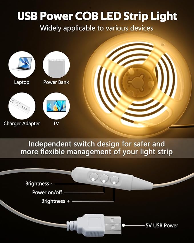 COB LED Strip Light 5V USB Powered 3.3FT/1M Dimmable LED Tape Light Warm White 3000K with Dimmer 320LEDs/M Flexible LED Rope Light Waterproof IP67 for Bedroom Cabinet DIY Indoor Decoration