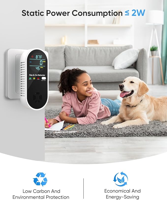 Carbon Monoxide Detectors & Natural Gas Detector, 4-in-1 Carbon Monoxide Detectors Plug in, Gas Leak Detector with Dual Alarms, Temperature & Humidity Sensor for Home, RV Essentials, Black, 3 Packs