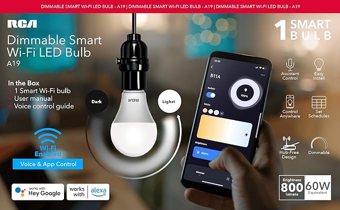 RCA Smart Light Bulbs, WiFi LED Light Bulb, Dimmable LED Lights, Dimmable 800 Lumens 10W (60W EQ A19), Compatible with Alexa and Google, Control from Anywhere with Smartphone, 2700K Soft White, 1-PK