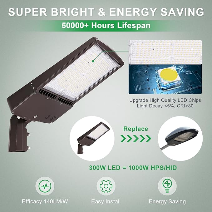 300W LED Parking Lot Light, 5700K 42000LM LED Shoebox Area Light [1000W MH/HPS Equiv.], 0-10V Dimmable Outdoor Pole Flood Lights with Slip Mount, IP65 20KV Surge Protection AC100-277V UL&DLC Listed