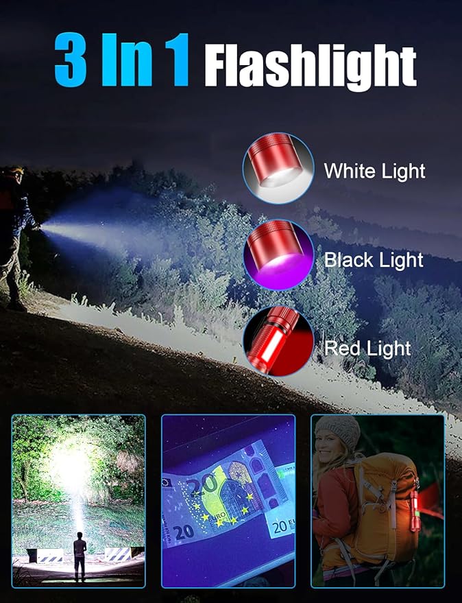 UV Rechargeable Flashlights Tactical,1000 High Lumens 3 in 1 LED Black Light Flashlight -Magnetic Base/Sidelight/Zoomable, Bright Pocket Flash Light for Stains Detection Camping Emergency,Red