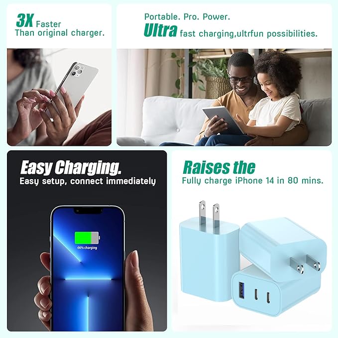 USB C Fast Charger Block 35W, 3-Pack PD Wall Charger for Apple iPhone 17 Fast Charging, Multiport Type C Charging Block for iPhone 17/17 Air/17 Pro/17 Pro Max/16/15/14/13/12, iPad Pro, iPad Air, iPad