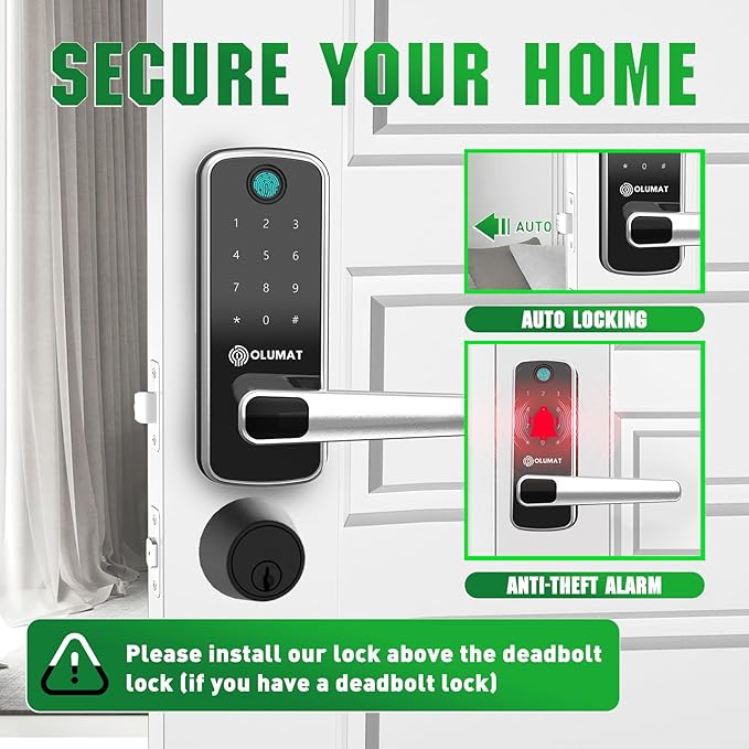 Smart Door Lock, OLUMAT Keyless Entry Door Lock Fingerprint Door Lock with Keypad Digital Lock with Handle for Home, Rental, Garage, Office and Hotel