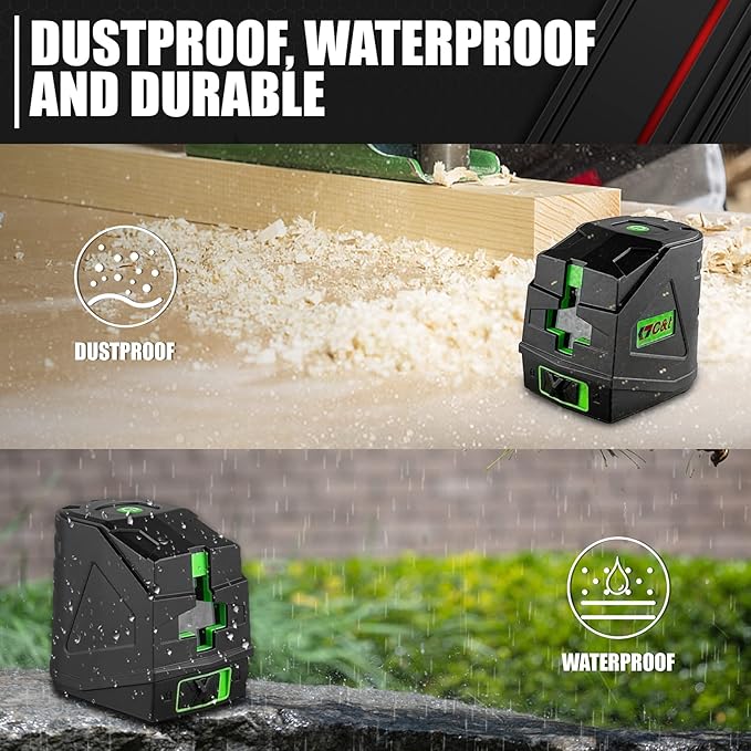 Laser Level,100ft/30m Self-Leveling Laser Level,Green Cross Line Laser,Vertical and horizontal lines,3 Brightness Adjustment,Rotates 360 Degrees,Includes a Carrying Pouch and Battery IP54 Waterproof