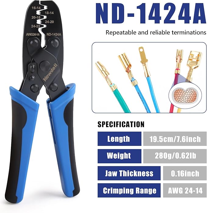 Newdeli Molex Crimper 24-14 AWG Non-Insulated Open Barrel Crimping Tool for JST Style Molex DELPHI AMP TYCO PC Harley Deutsch Terminals Receptacles Wire Terminal Crimper