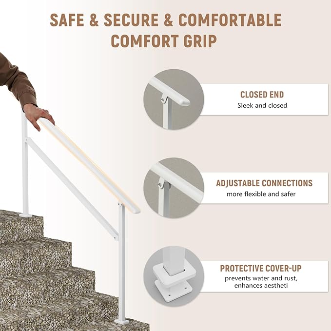 Hand Rails for Outdoor Steps,4-5 Step Railing for Stairs,Adjustable Porch Railing,Hand Rails for Seniors,Outdoor Deck Handrails for Exterior Steps,White