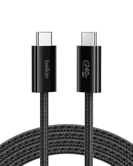 Belkin USB C to USB C Cable, 6.6ft, 240W - Type C Charger, iPhone Charger Cord, Soft, Braided, Flexible for iPhone 16, Galaxy S25, Pixel 9, MacBook, Chromebook, iPad Pro, Switch Steam Deck – Black