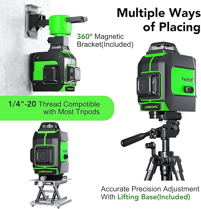 Laser Level, 3x360° Self Leveling Green Cross Line Laser for Construction and Picture Hanging with Rechargeable battery, Remote Controller, Magnetic Rotating Stand-black