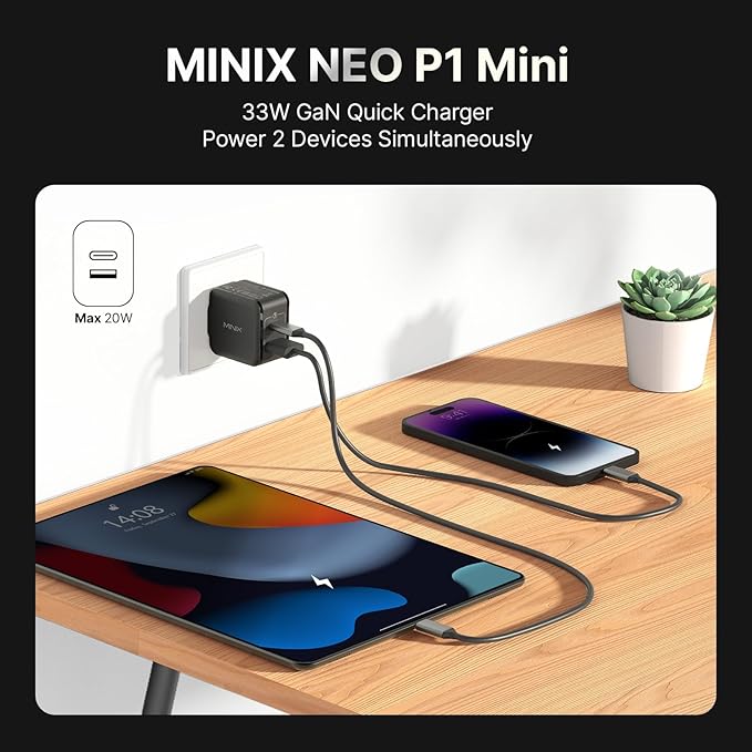 MINIX P1 Mini 30W USB C Charger, 33W PPS 2-Port GaN Charger 1 USB-C Port, 1 USB-A Port with Foldable Plug, Compatible with iPhone 8-15/16 Series, Galaxy S10-S23, Pad and More