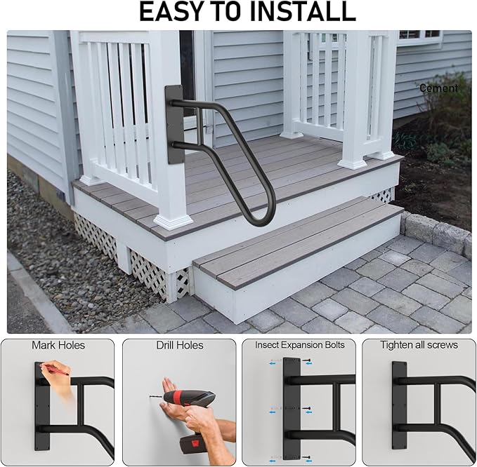 Handrails for Outdoor Steps,Stair Railing Indoor1-3 Step,Porch Railing & Deck Hand Rail Wall MountStair Hand Grab Bars,U-Shaped Safety Handrailsfor Kids, Elderly, Pregnant Women, Disabled